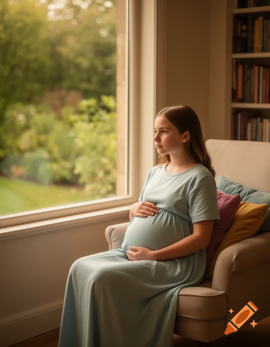 A young pregnant girl sits on an armchair by a window, gently holding her belly while looking thoughtfully outside.