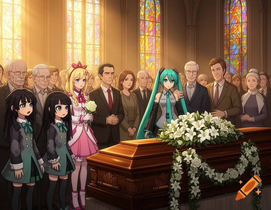 A diverse group of anime-style and realistic characters attends a funeral in a church with stained glass windows, standing around a coffin adorned with white flowers.