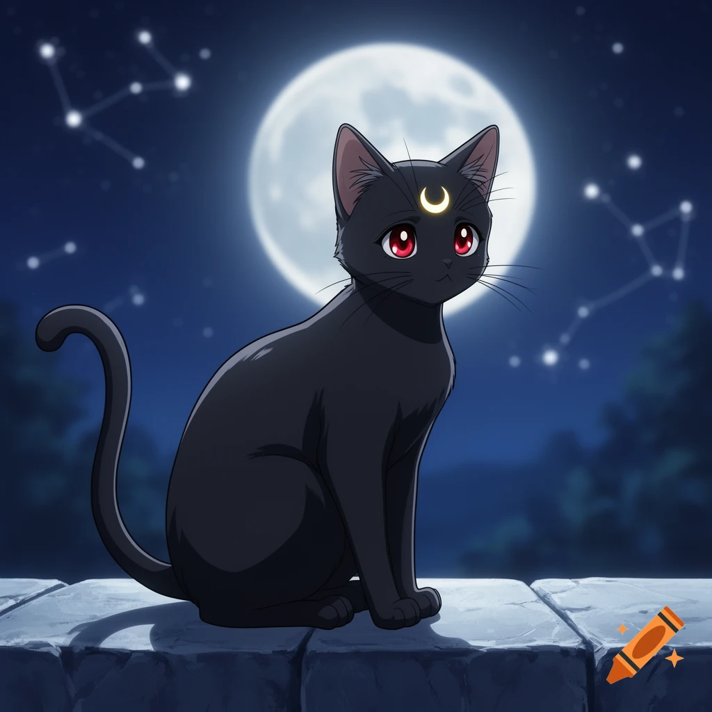 A black anime cat with red eyes and a golden crescent moon on its forehead sits on a stone wall under a full moon and starry night sky.