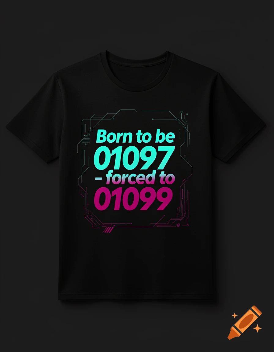 A black t-shirt featuring the glowing blue and pink text 'Born to be 01097 - forced to 01099' with circuit board lines.