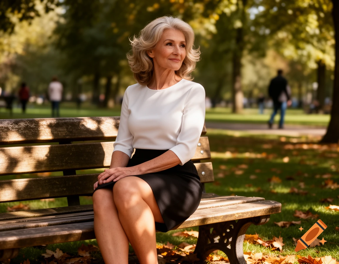 A mature woman with gray hair smiles while sitting on a park bench, wearing a white top and black skirt, with autumn leaves on the ground.
