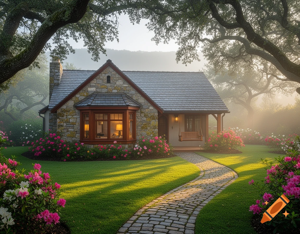 A picturesque stone cottage with a bay window, green lawn, and vibrant pink flowers, framed by trees in misty morning light.