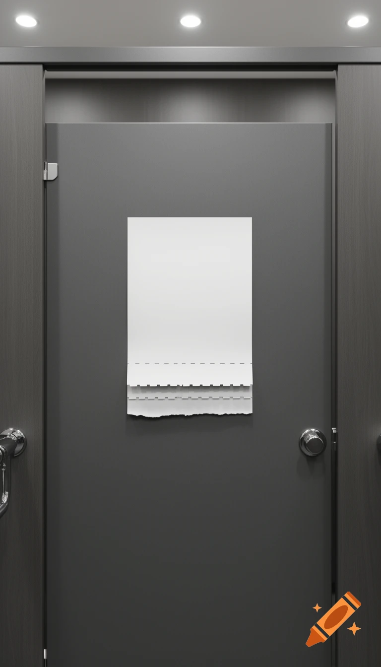 A white, unwritten tear-off flyer with two slips removed, hanging on a dark gray toilet stall door in a modern public restroom.
