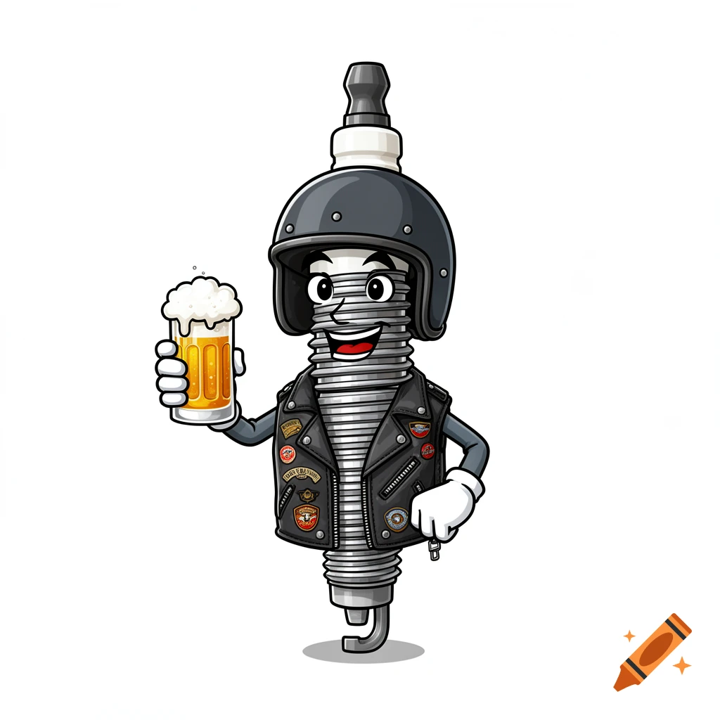 A humorous cartoon spark plug character, wearing a biker helmet and vest with patches, holds up a mug of foamy beer against a white background.