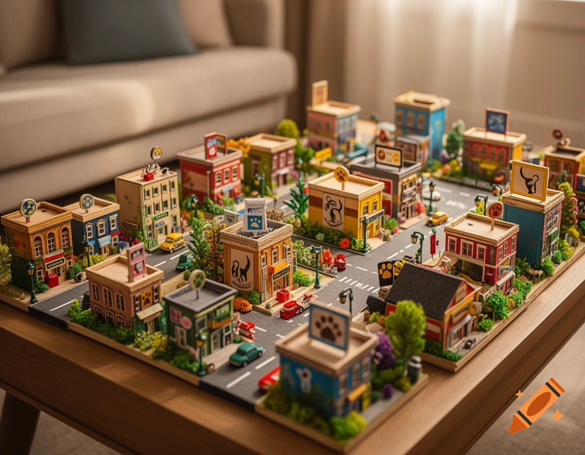 A detailed miniature city with colorful buildings, roads, tiny cars, and trees, featuring pet-themed signs like paw prints and animal silhouettes, all set on a wooden table with a blurred couch in the background.