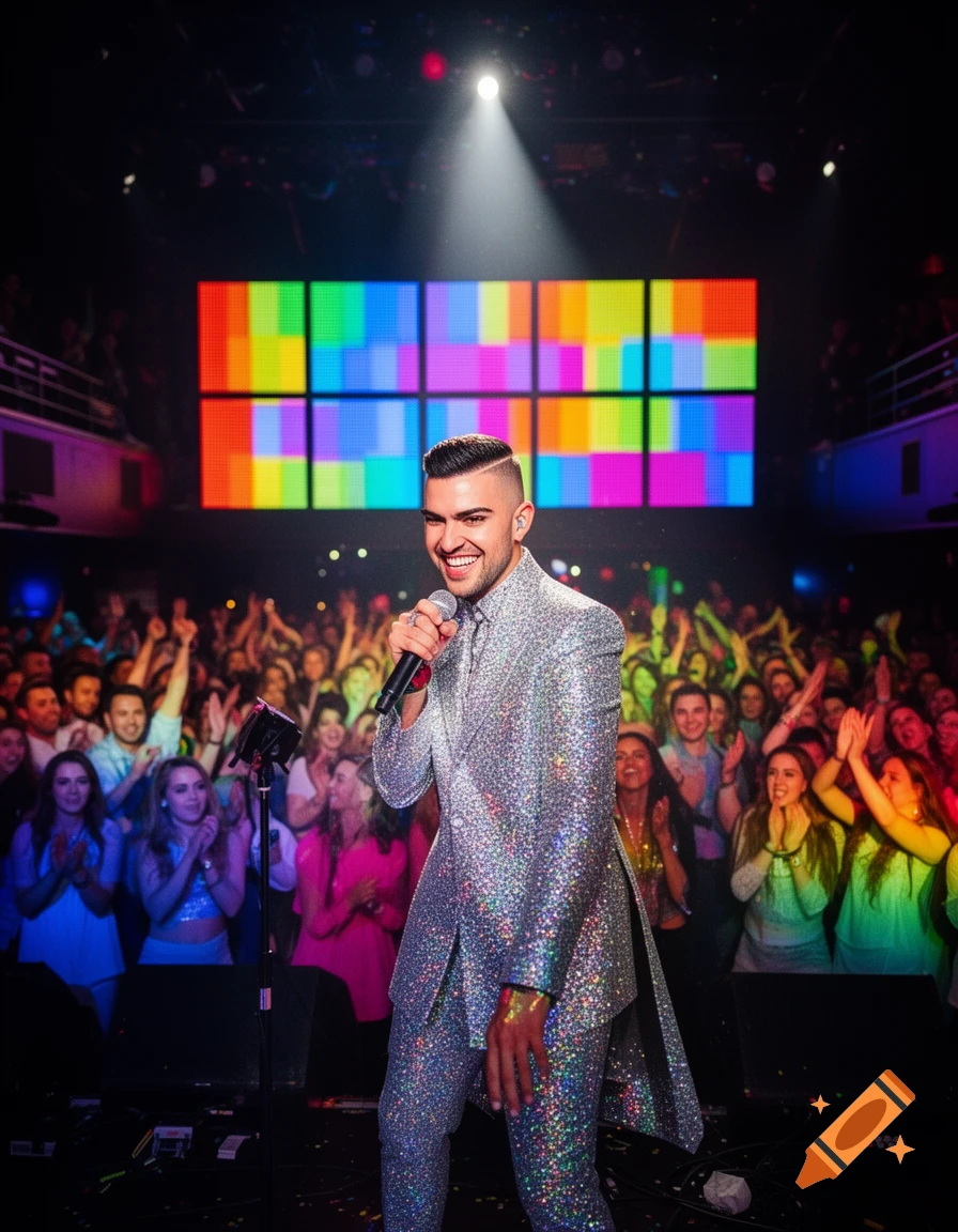 Male singer in a sparkling suit holding a microphone on stage, smiling at a cheering crowd under a spotlight, with a colorful grid display.