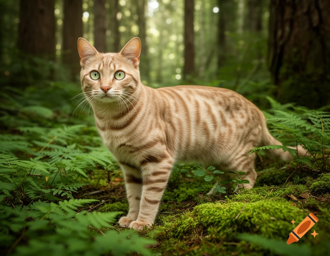 A photorealistic light brown striped cat with green eyes stands amidst moss and ferns in a lush forest.