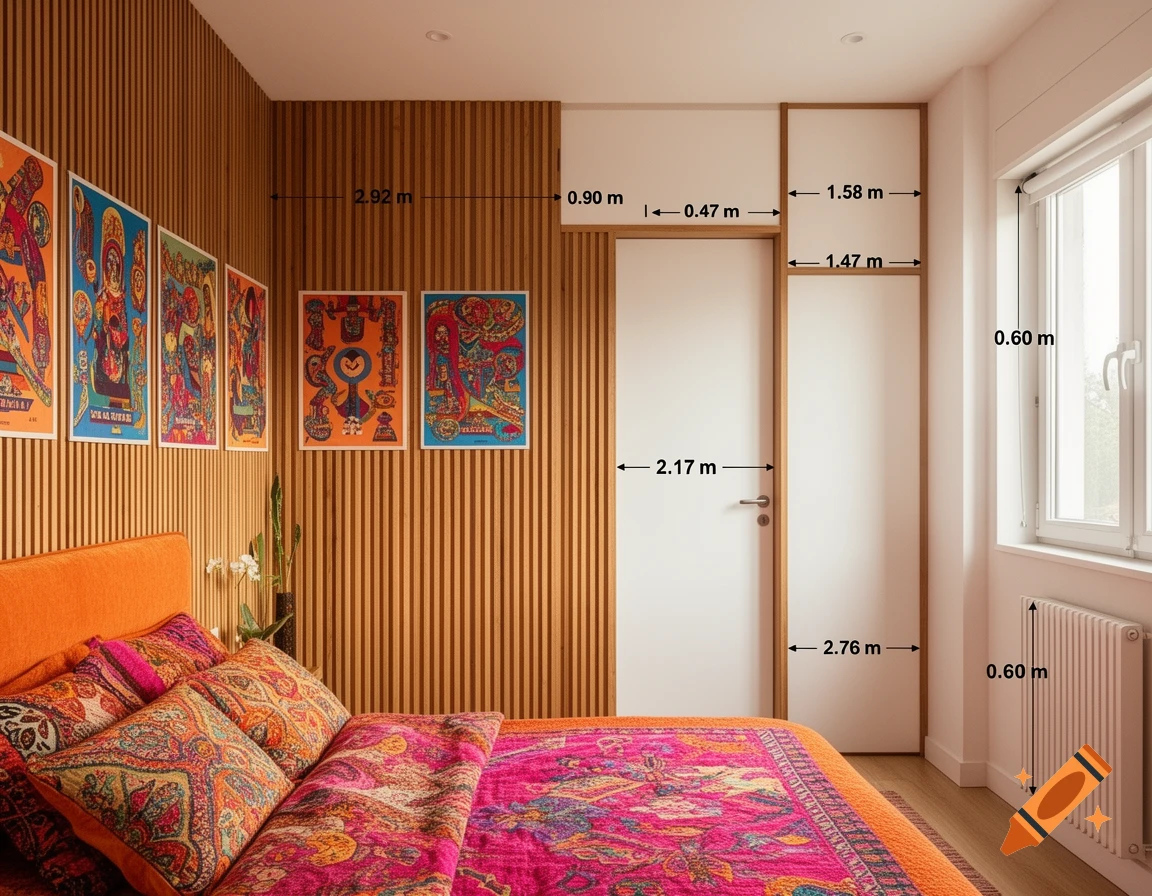 A colorful boho-chic bedroom with an orange bed, patterned pillows and duvet, wooden slatted walls, and vibrant posters, featuring architectural measurements.
