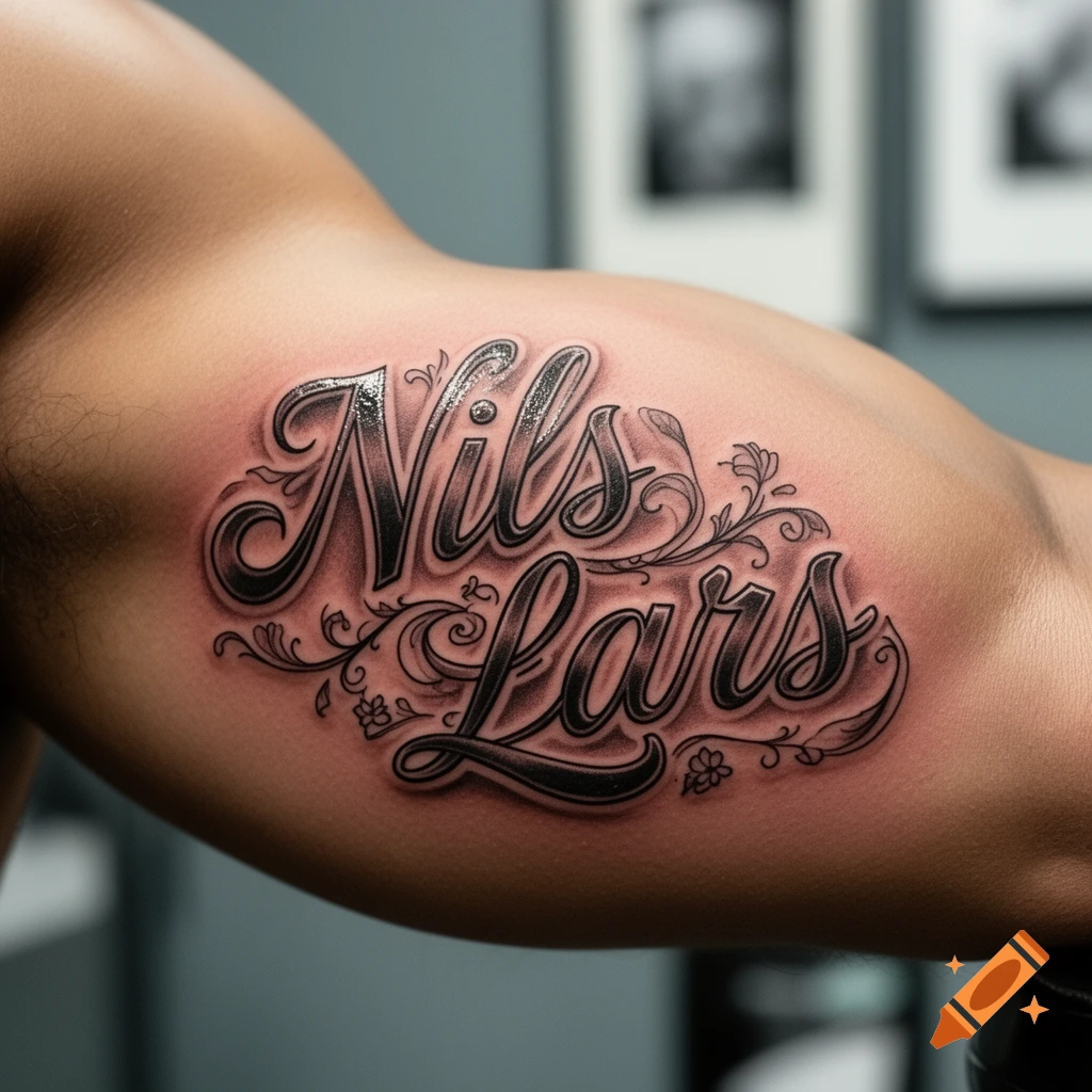 Photorealistic tattoo on a muscular arm displaying the names 'Nils' and 'Lars' in an elaborate script style, adorned with flourishes.