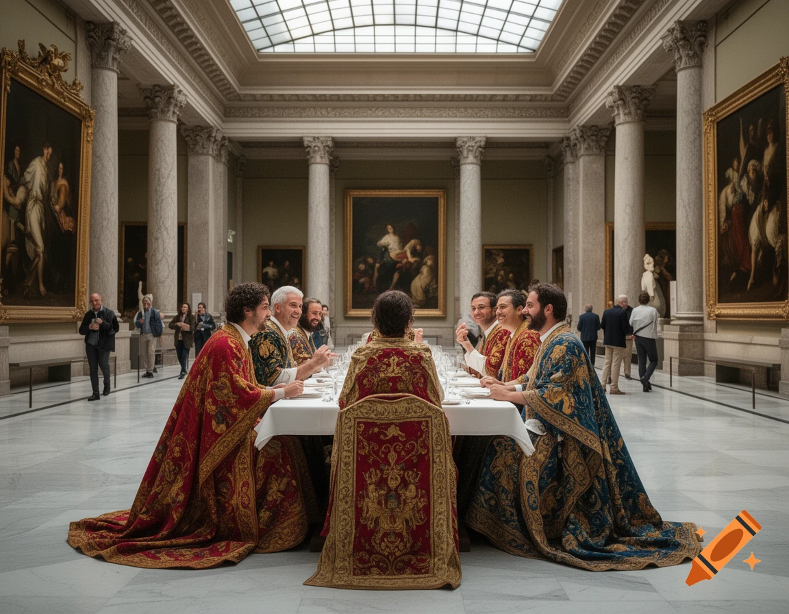 Men in ornate robes dine at a long table in a grand museum hall with paintings and a skylight.