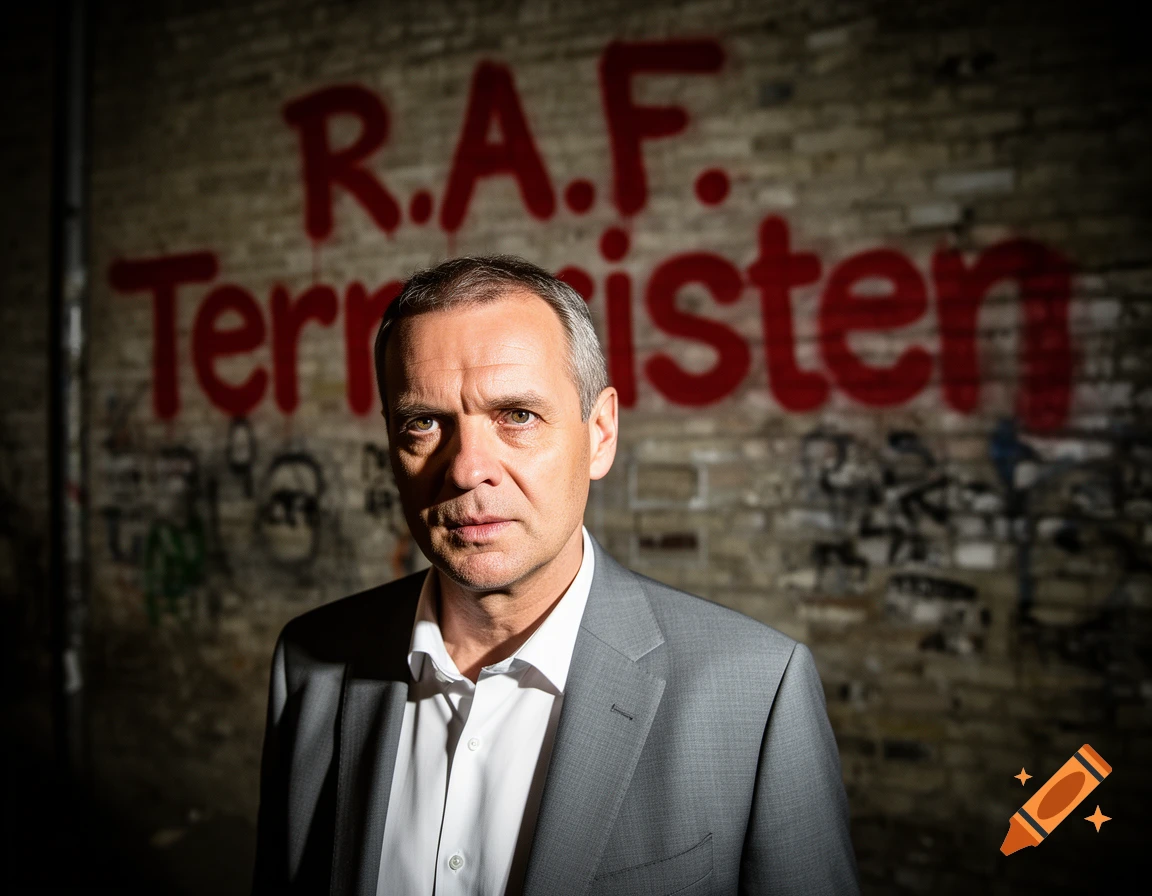 A serious-looking man in a grey suit stands in front of a brick wall with 'R.A.F. Terroristen' graffiti.