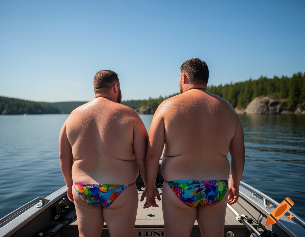 Two overweight men in colorful swim briefs stand on a fishing boat, looking out at a lake and forested shoreline under a clear sky.