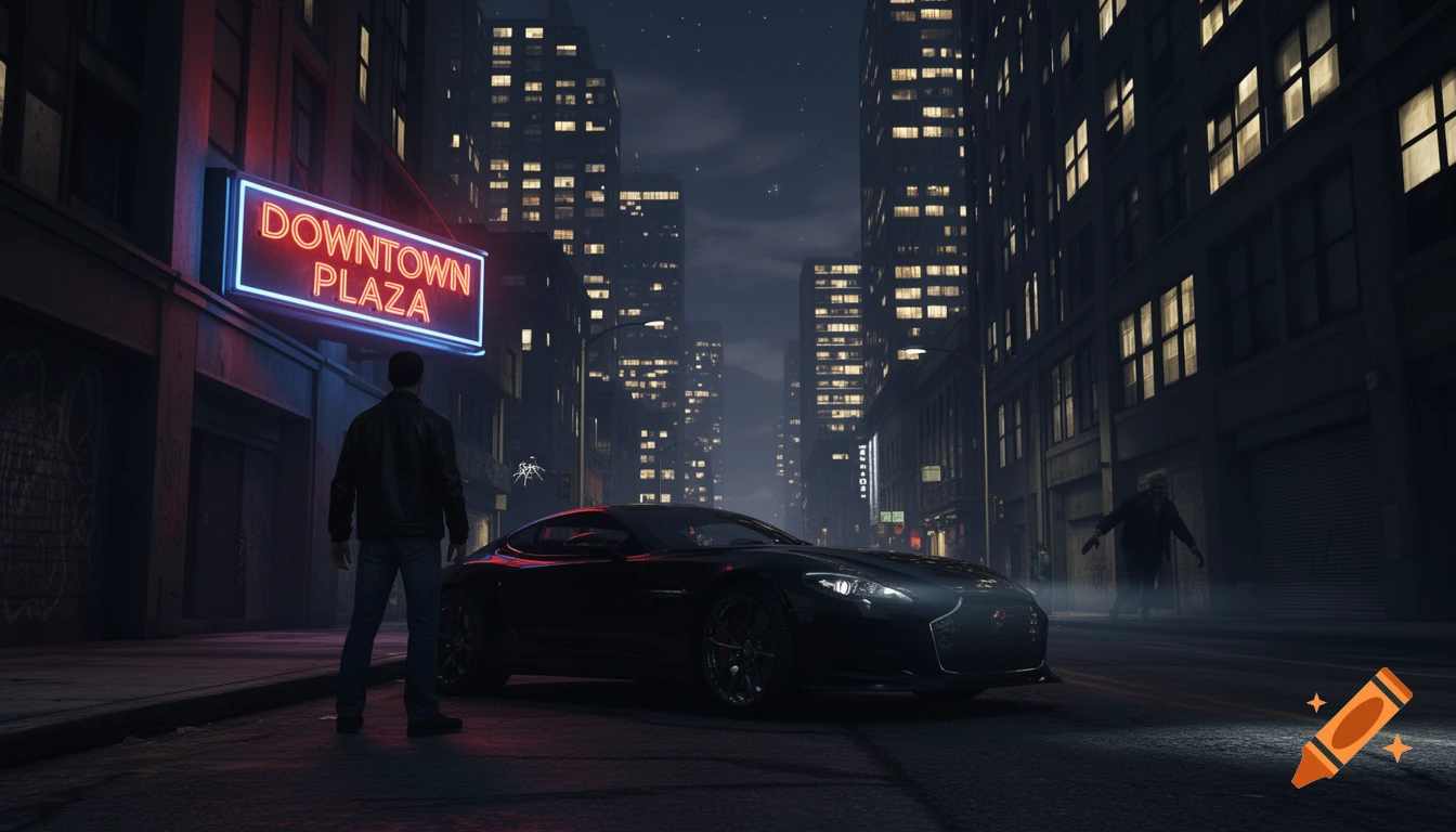 A man stands by a black sports car on a neon-lit city street at night, with tall buildings and a shadowy figure in the background.