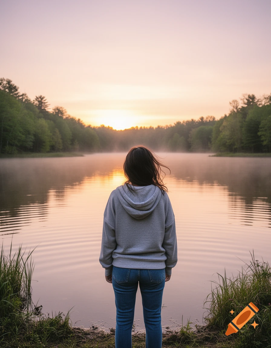 A woman in a gray hoodie and jeans stands by a misty lake, watching the sunset over forested hills.