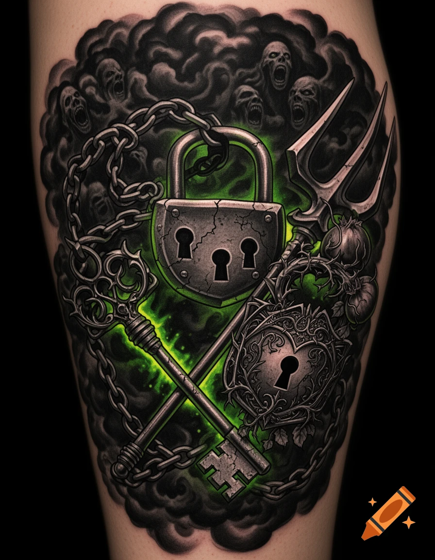 Dark fantasy tattoo art: cracked padlocks, crossed keys, chains, and a bident spear, glowing toxic green. Screaming faces in smoky background.
