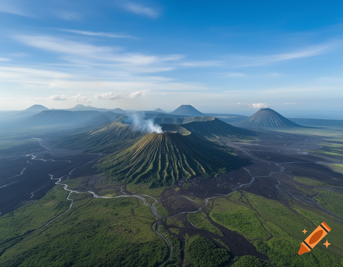 Aerial view of multiple volcanoes, one smoking, amidst green foliage and dark volcanic plains with winding rivers under a blue sky.