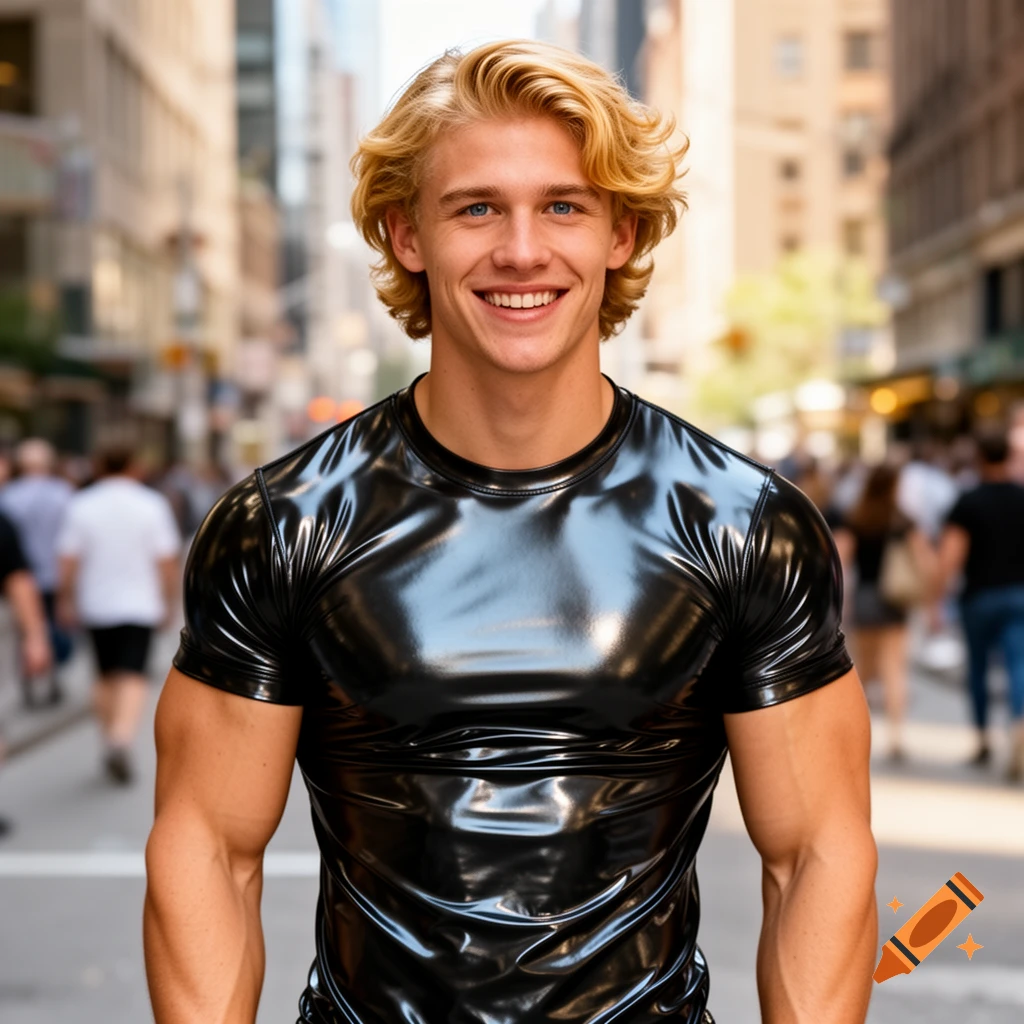 Smiling blonde man in a shiny black vinyl t-shirt stands on a bustling city street, photorealistic style.