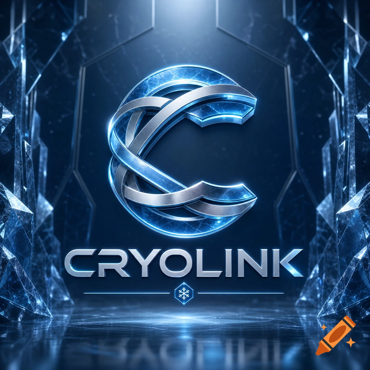 A metallic, glowing blue and silver 'C' logo with 'CRYOLINK' text below, against a dark, icy, crystalline background.