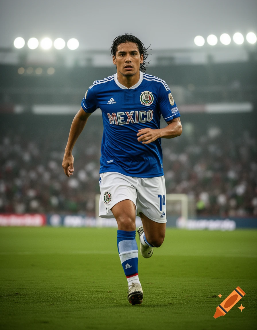 Photorealistic image of a male soccer player in a blue and white uniform running on a field.