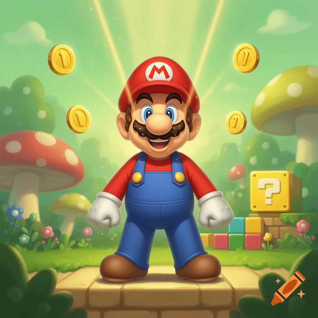 Mario stands smiling in a colorful cartoon landscape with floating coins, mushrooms, and a question block.