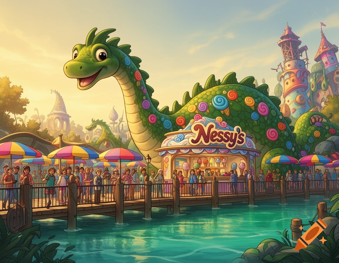 Vibrant cartoon theme park with a large green dragon ice cream stand on a dock over turquoise water, with happy people and whimsical buildings.