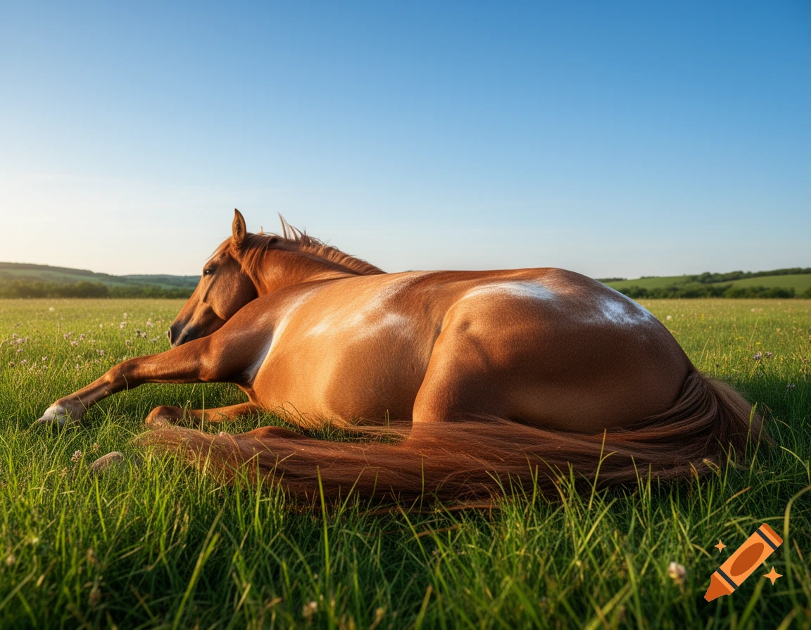 A brown horse with a white marking on its back lies in a green meadow under a clear blue sky.