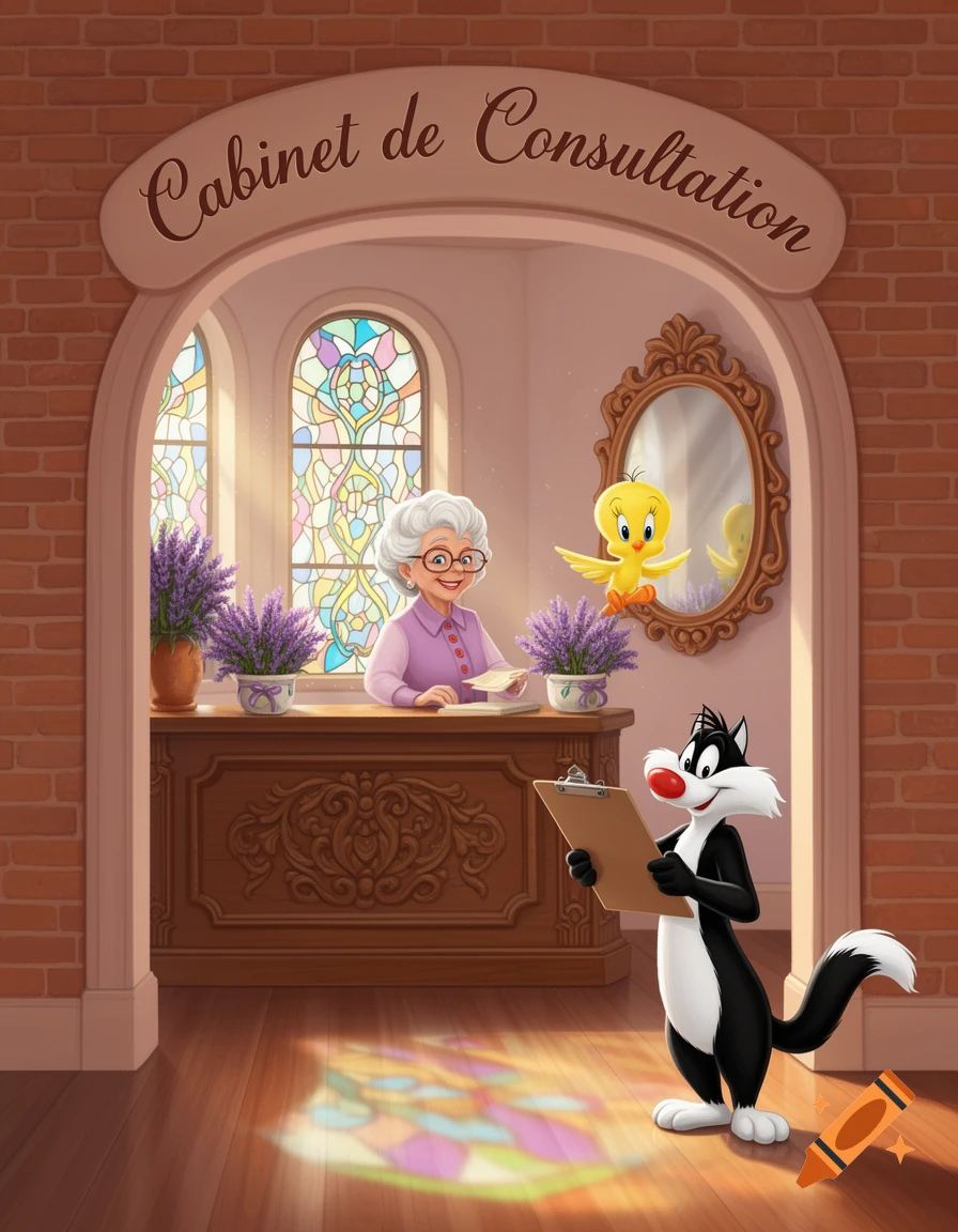 Cartoon Looney Tunes characters Granny, Tweety, and Sylvester in a 'Cabinet de Consultation' office with stained glass windows.