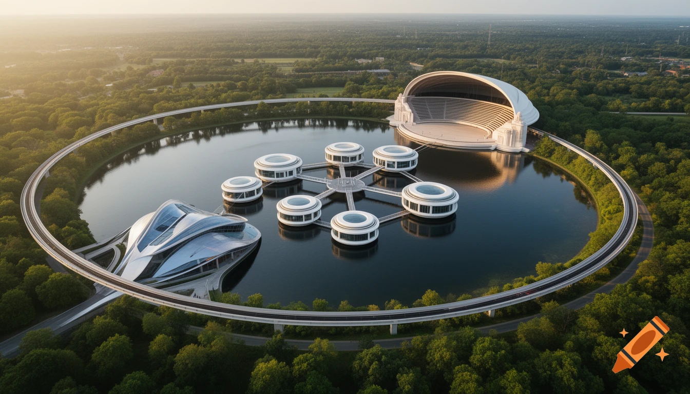 Aerial view of a futuristic complex with a monorail encircling an oval lake, several circular dwellings, an amphitheater, and a sleek art restaurant.