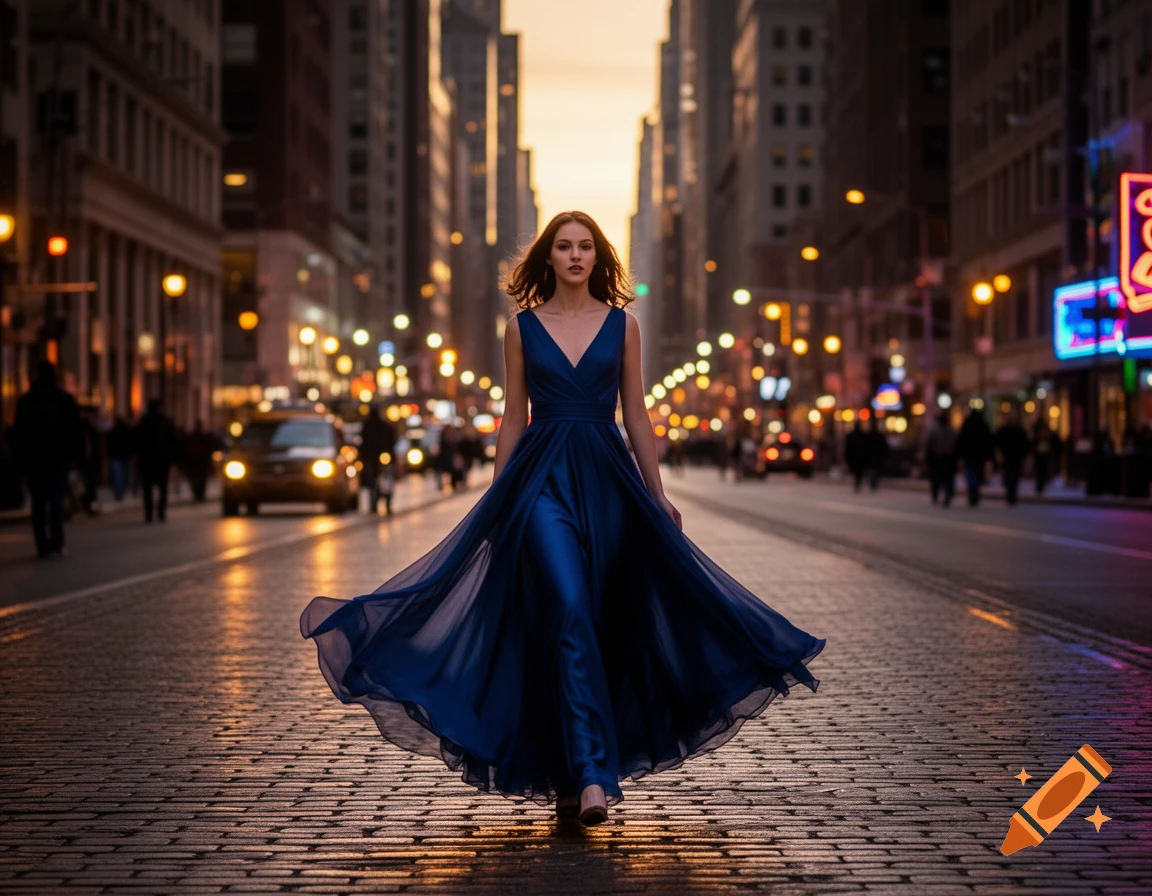 Woman in a flowing blue dress walks down a city street at dusk, illuminated by blurred city lights in the background. Photorealistic style.