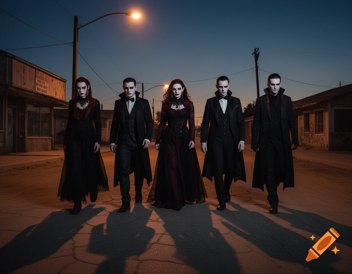 Five vampires in elaborate black and red attire walk down a deserted street at dusk under a streetlamp.