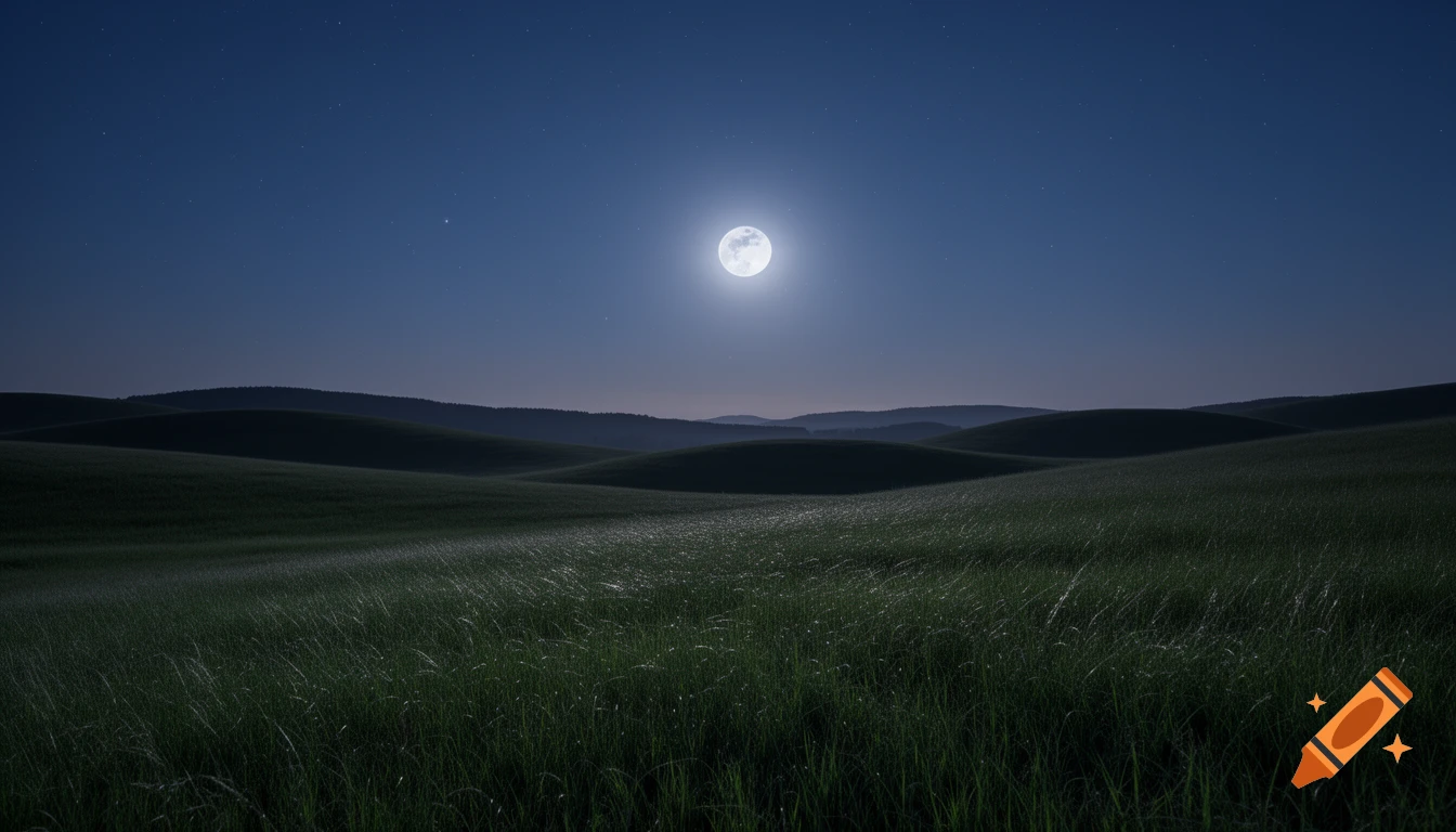 A serene night landscape with rolling hills, a field of grass, and a bright full moon in a starry dark blue sky.