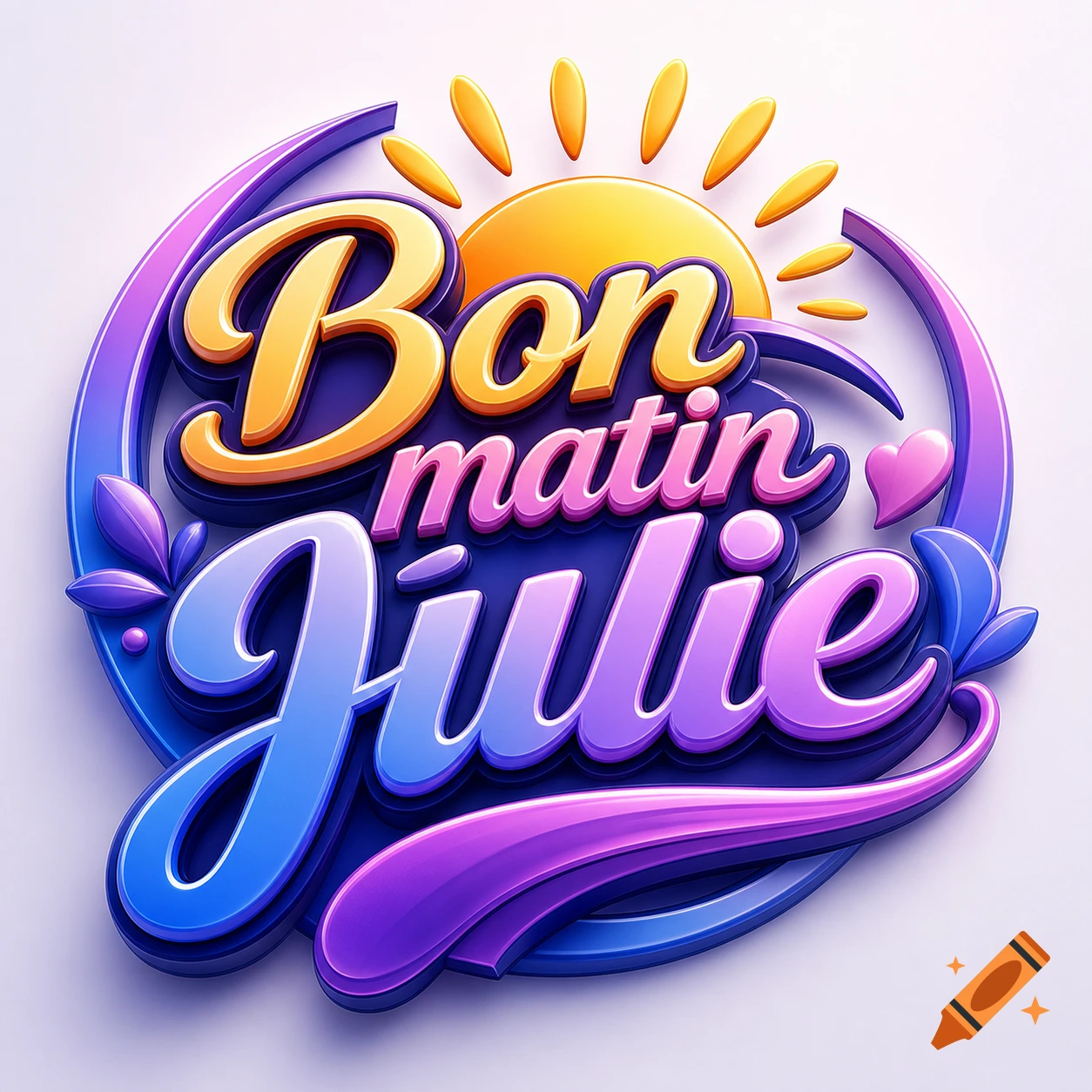 A colorful 3D rendered logo with "Bon matin Julie" text in orange, pink, blue, and purple, featuring a yellow sun and decorative swooshes.