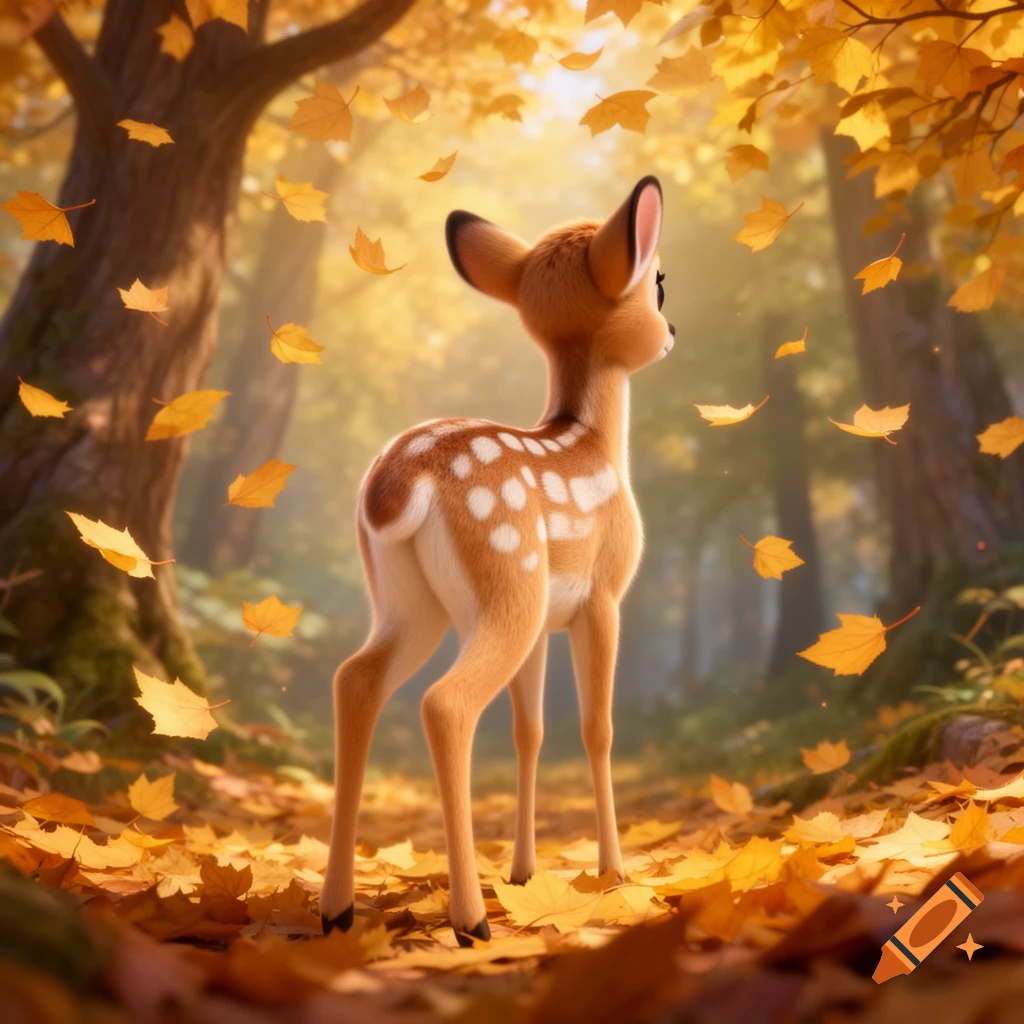 Cute cartoon fawn stands in an autumn forest with golden leaves falling.