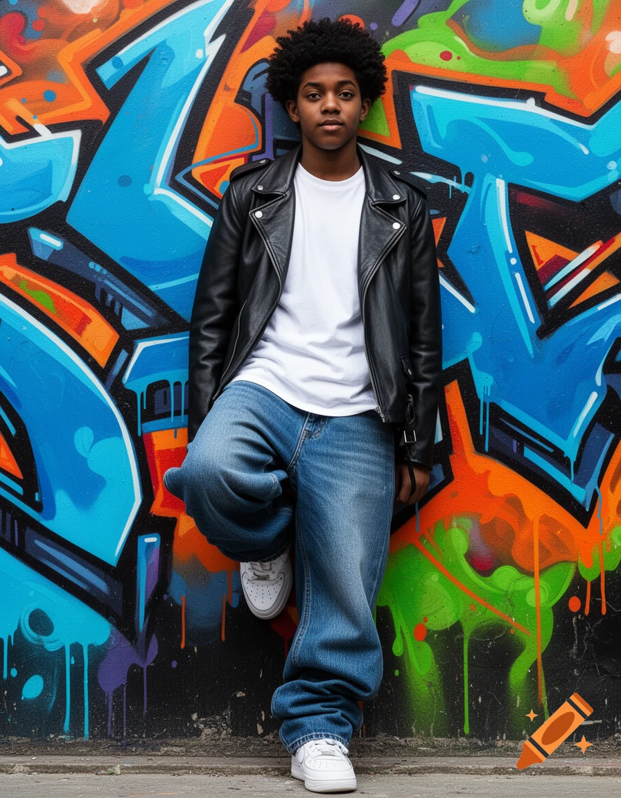 A young African American man in a leather jacket and oversized jeans leans against a vibrant graffiti wall.