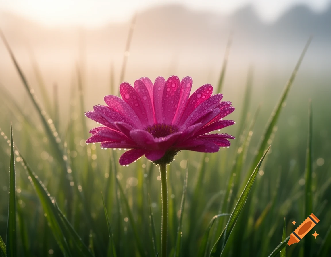 A vibrant pink daisy covered in dewdrops, standing tall in dewy green grass with a soft, sunlit, misty background.