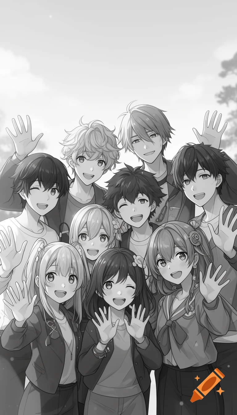 A group of seven anime-style young men and women, smiling and waving at the viewer, rendered in black and white.