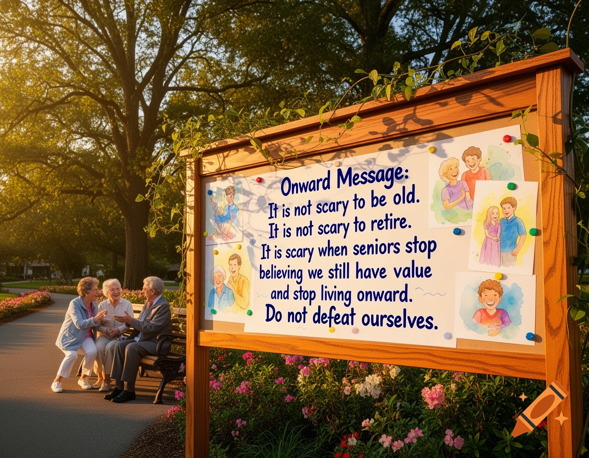 Three seniors talk on a park bench beside a bulletin board with a motivational message and watercolor drawings, bathed in sunlight.