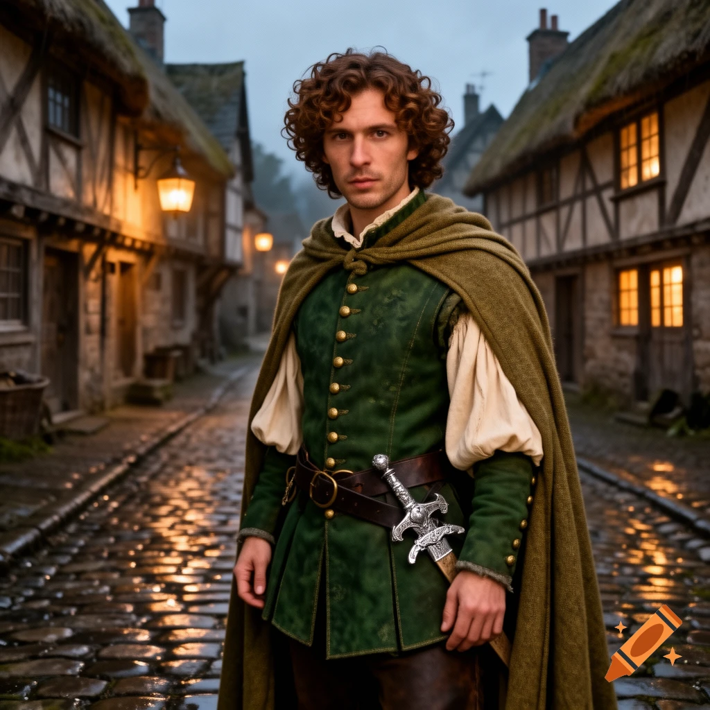 A man with curly brown hair in a green doublet, brown cape, and sword stands on a wet cobblestone street lined with old houses at dusk.