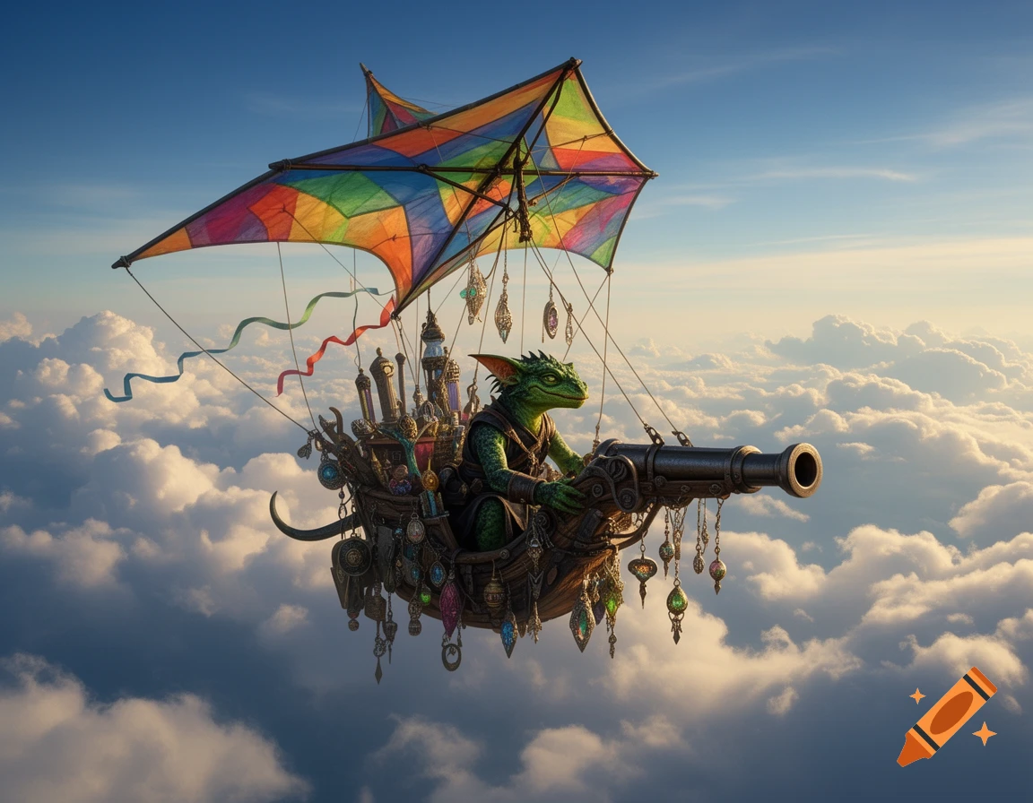 A green, goblin-like creature pilots an elaborate steampunk airship with a colorful kite-like sail and a cannon, soaring above clouds.