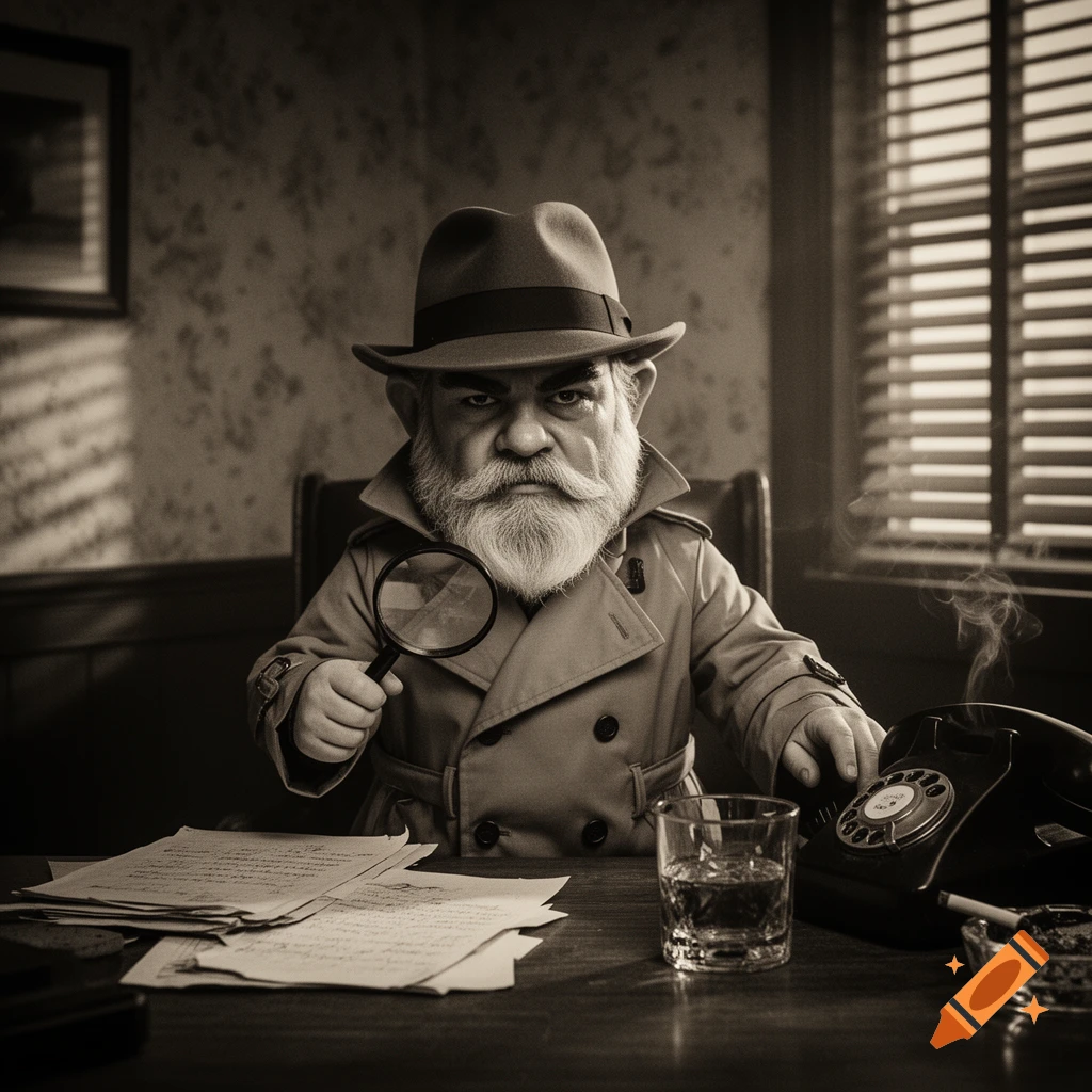 A serious gnome detective in a trench coat and fedora, holding a magnifying glass, sits at a desk with papers, a drink, and a rotary phone, in a gritty sepia-toned noir style.