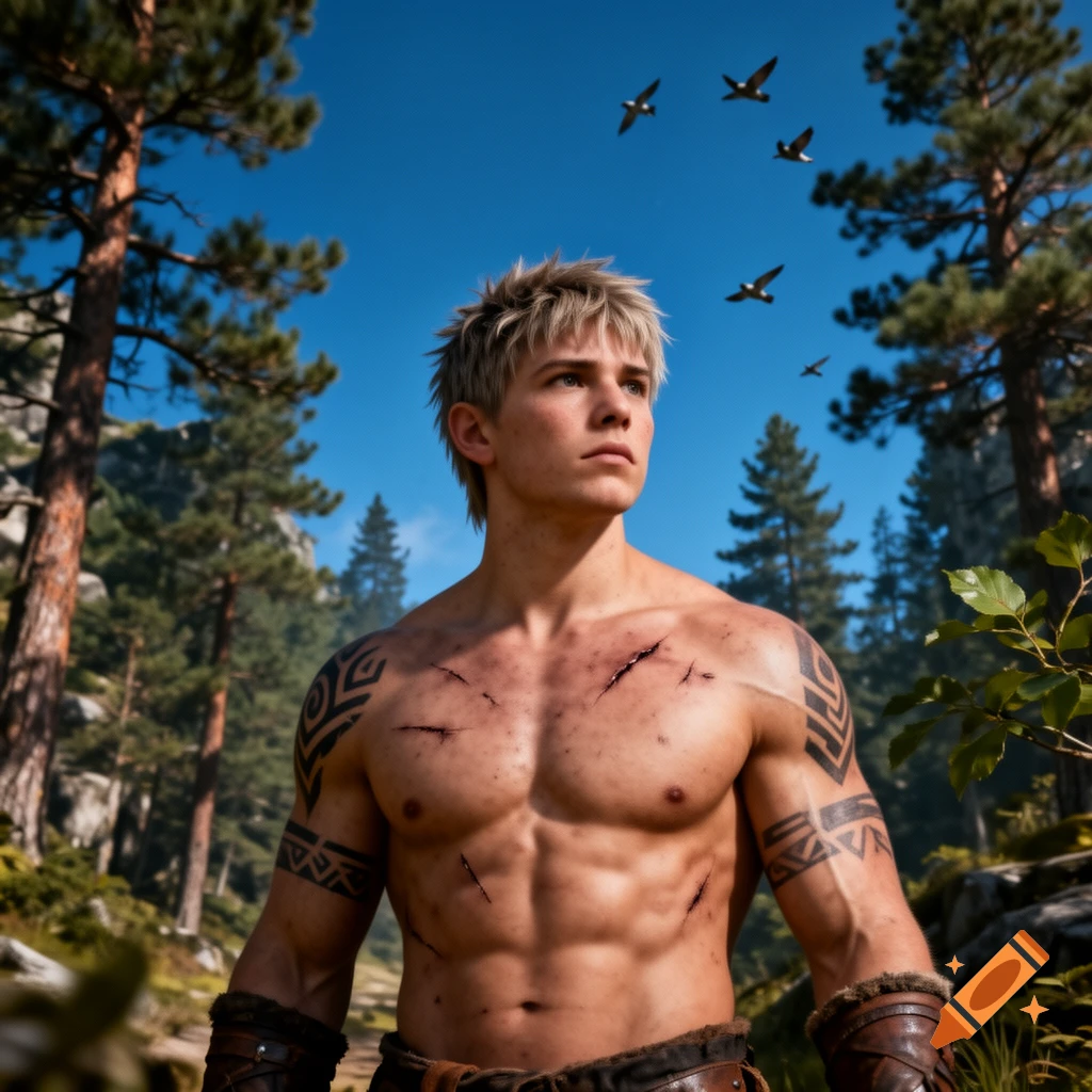 A shirtless young man with tribal tattoos and battle scars looks up in a sunlit forest, with birds flying in the blue sky.