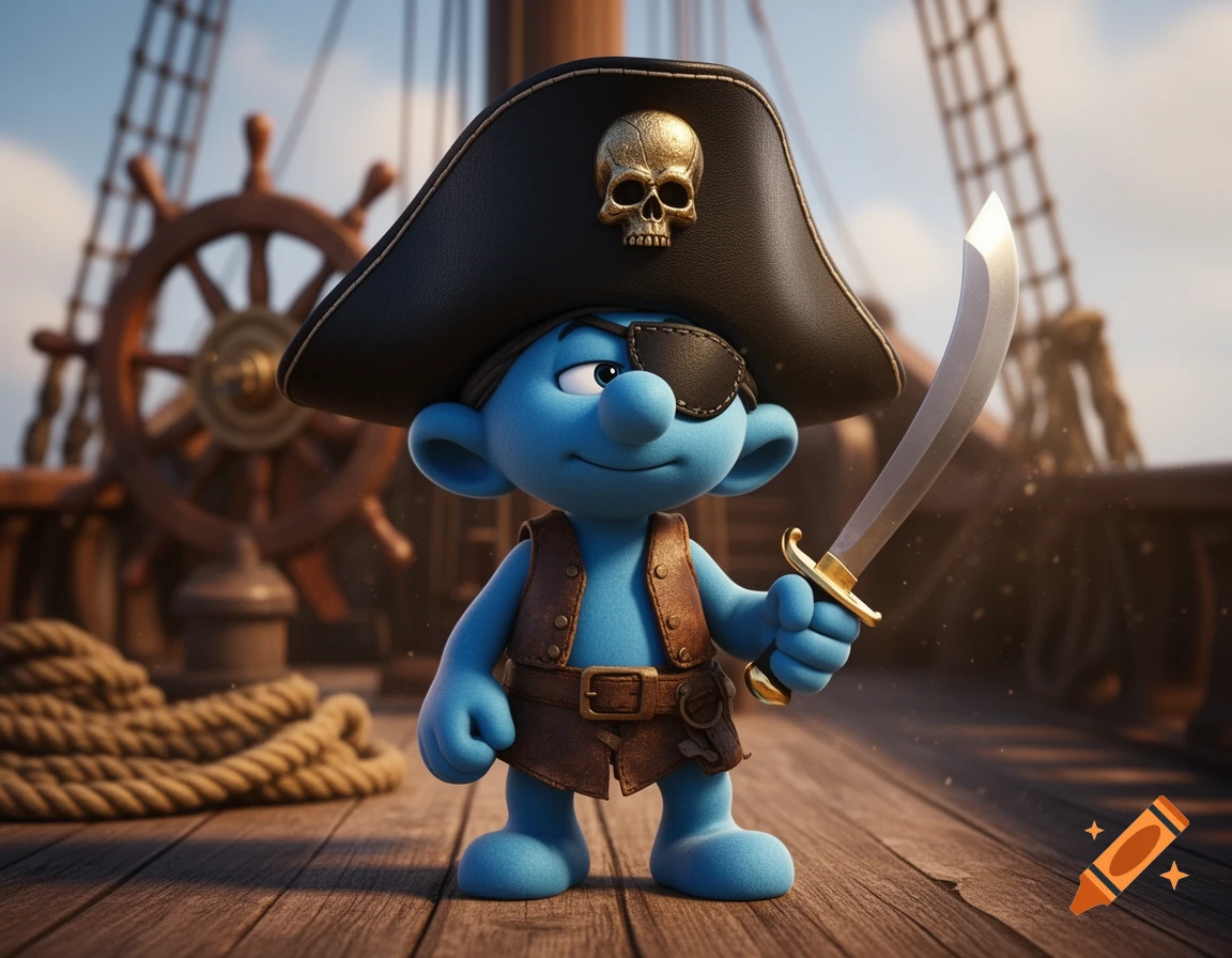 A highly detailed 3D animated pirate Smurf wearing a skull-adorned hat and eyepatch, holding a cutlass on a wooden ship deck.