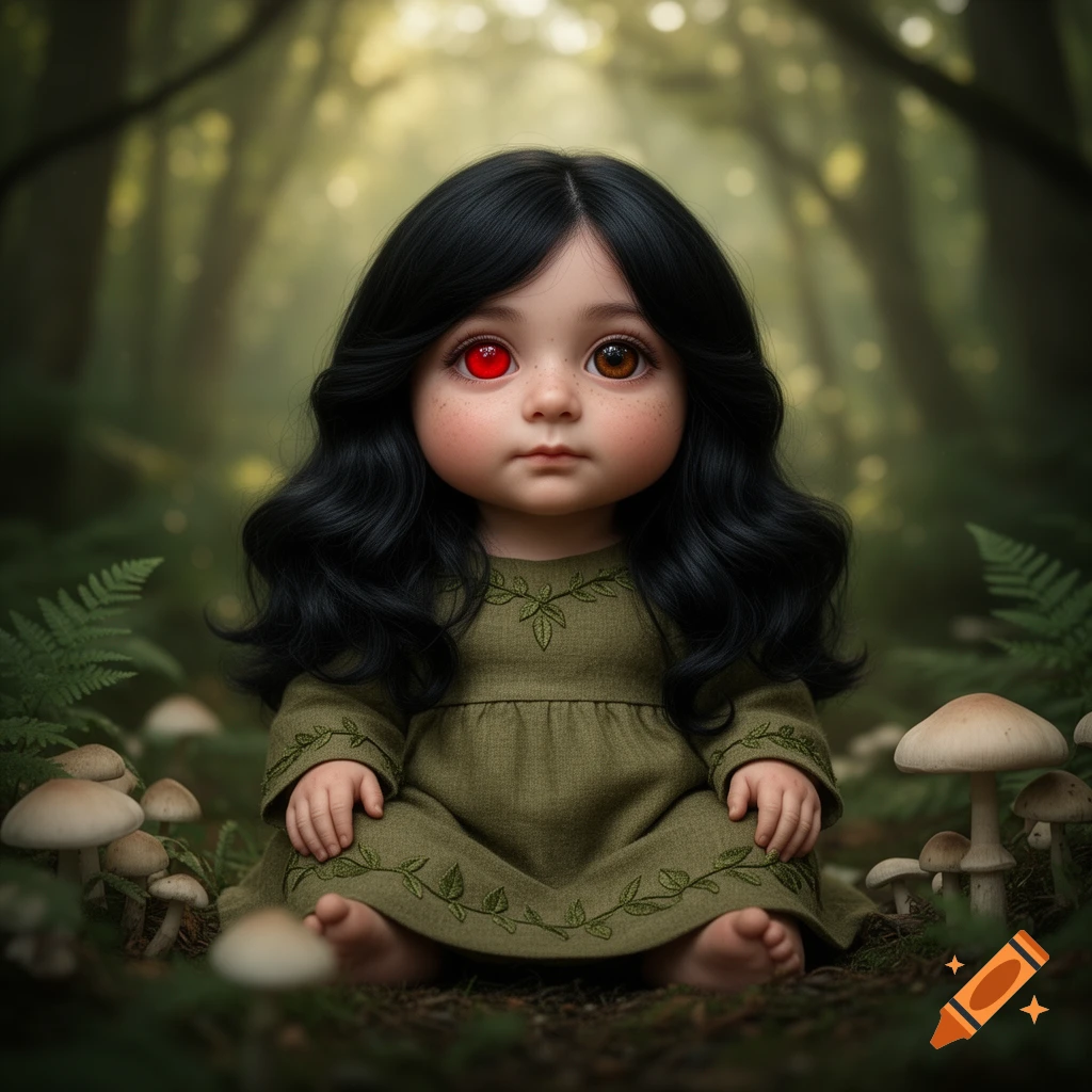 A dark-haired, doll-like child with one red eye and one brown eye sits in a forest with mushrooms.