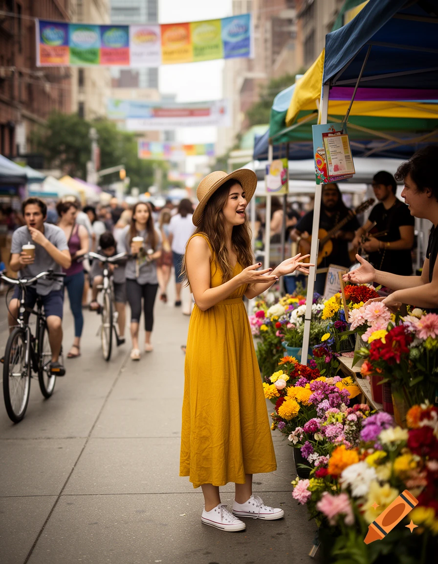 A woman in a yellow dress and straw hat talks to a flower vendor at a bustling street market, surrounded by colorful flowers and people.