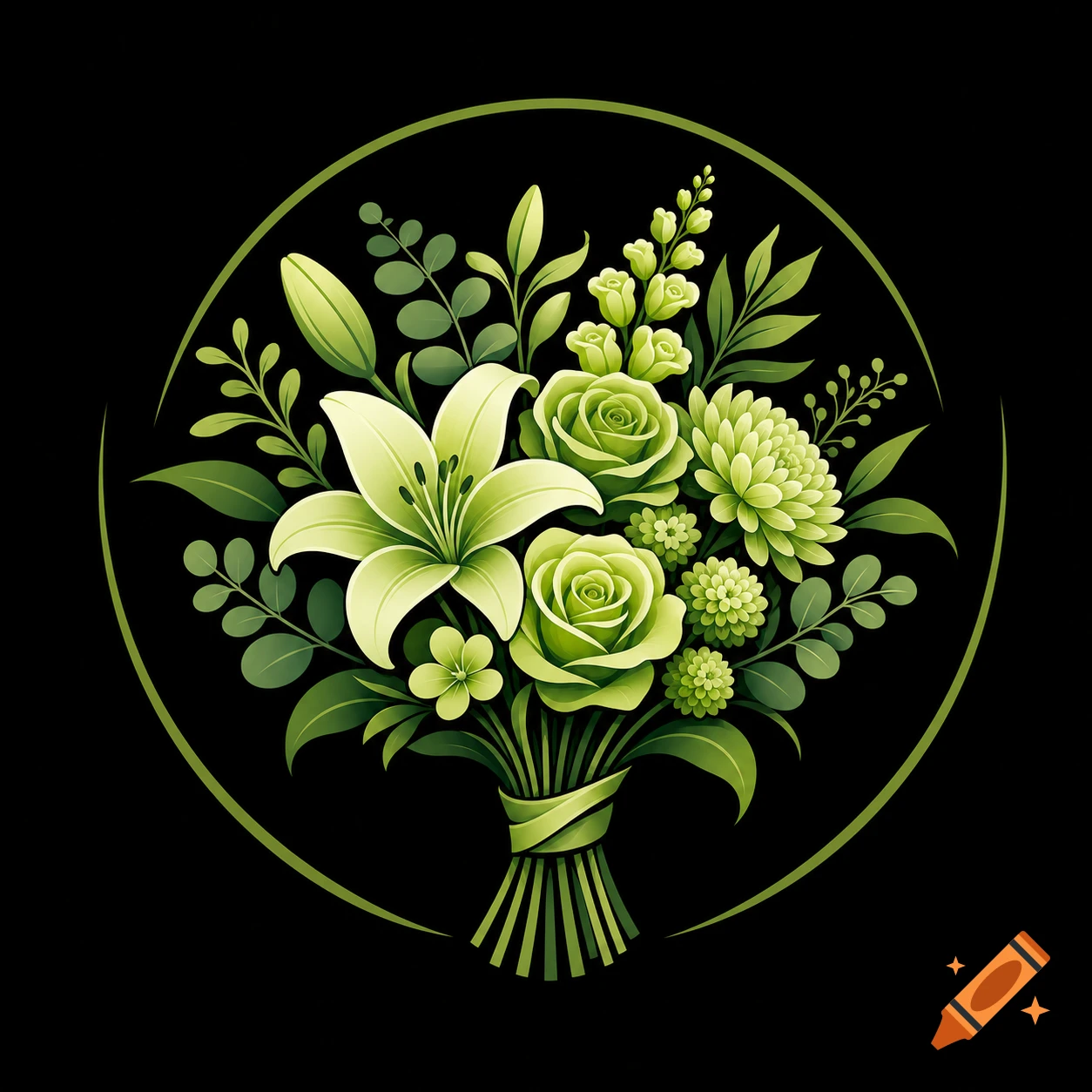 Stylized bouquet of green flowers, including lilies and roses, wrapped in a ribbon, set within a green circle on a black background.