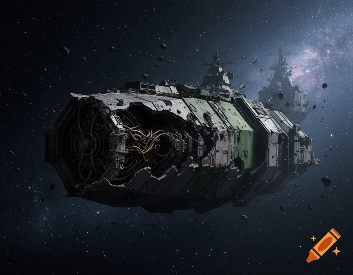 A heavily damaged space freighter floats among asteroids with another ship in the cosmic background, in a detailed sci-fi style.