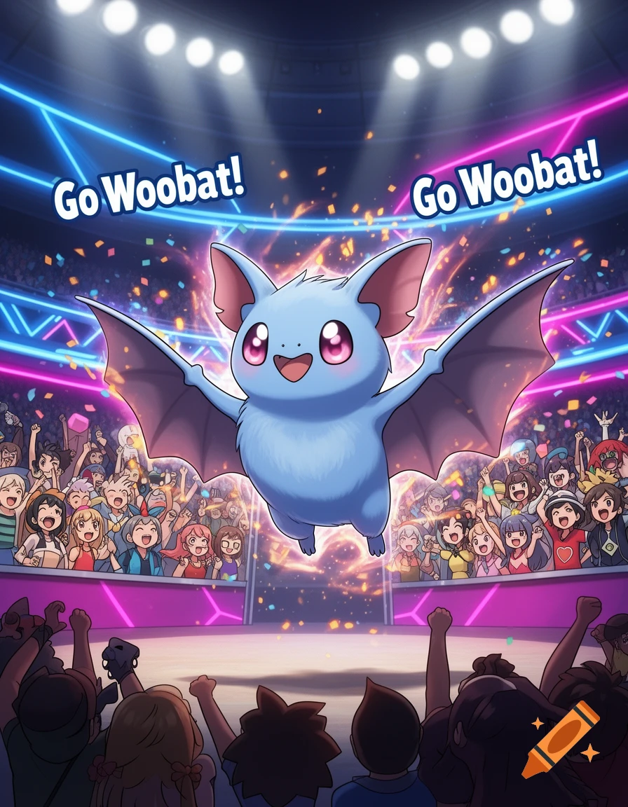 A blue Woobat Pokemon with pink eyes flies heroically in a neon-lit stadium, cheered on by a large anime-style crowd, with text 'Go Woobat!'.