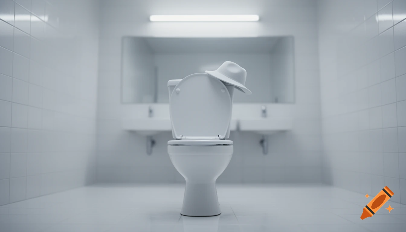 A white toilet with an open lid, topped with a white hat, in a pristine tiled public bathroom.