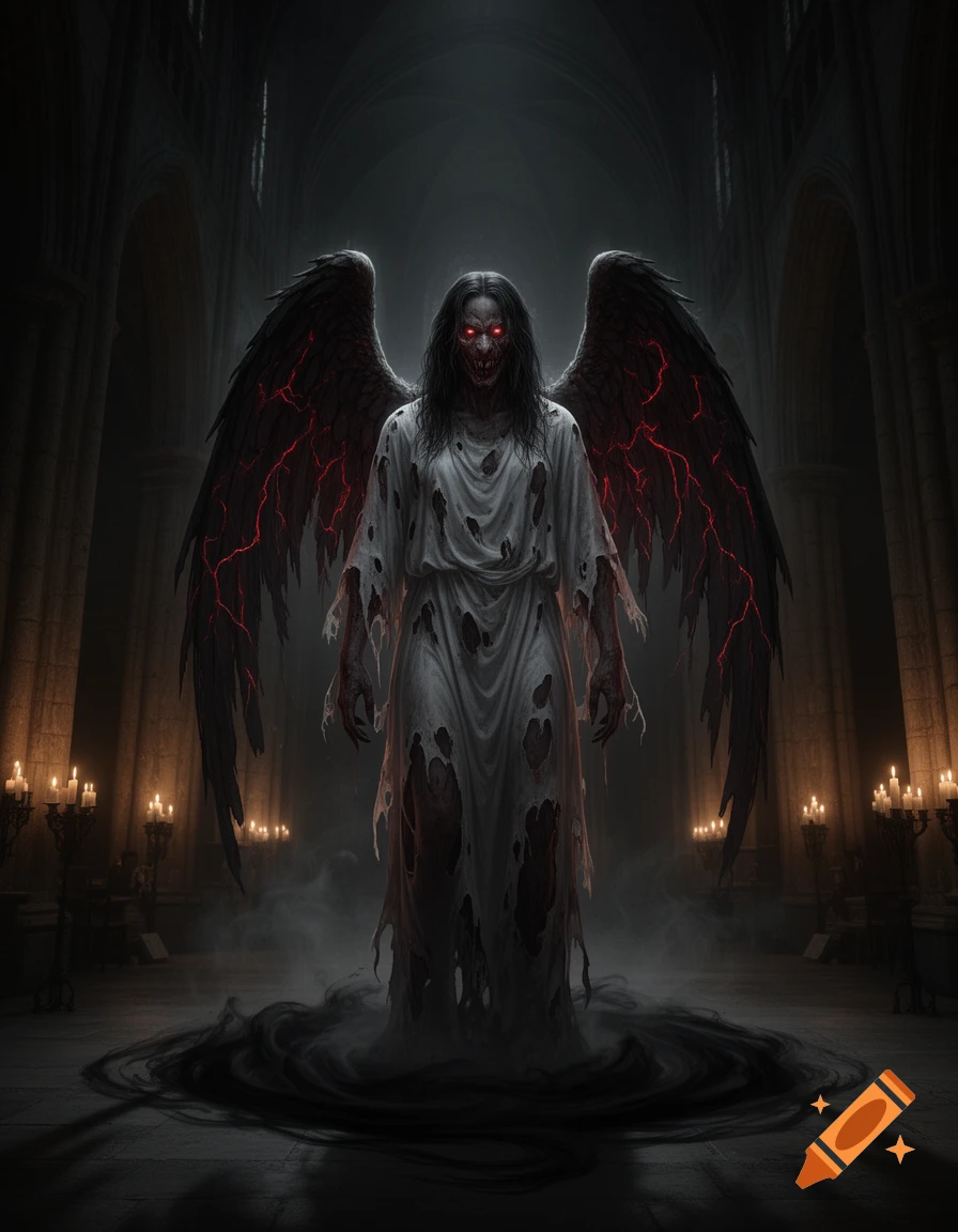 A terrifying demonic angel with glowing red eyes and tattered clothes stands in a dark gothic church, emanating black smoke.
