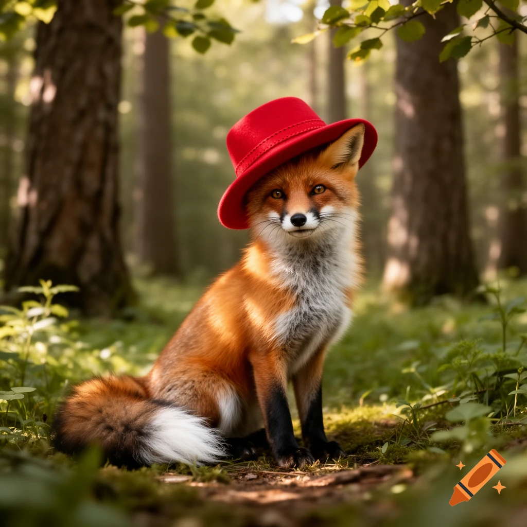 A photorealistic fox with a red hat sits in a sun-dappled forest.